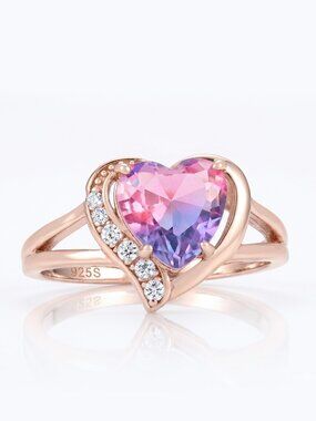 Rose Gold Heart ring, Pink Purple Tourmaline Gem, 925 Sterling Silver Valentines